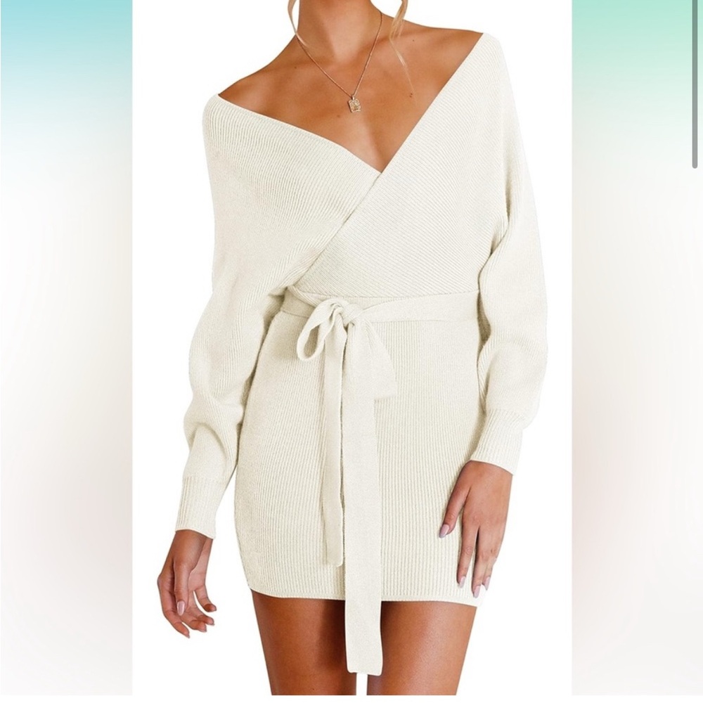 Zesica Cream Kit Wrap Front Tie Sweater Dress